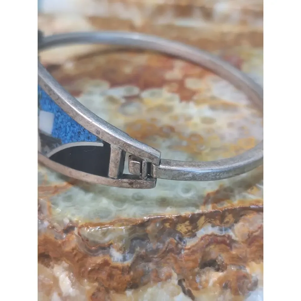 Vintage 925 Sterling Silver Southwestern Inlay Hinged Bangle Bracelet- As Found!